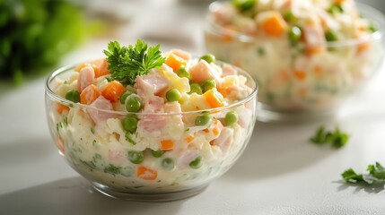 Wall Mural - Delicious traditional Russian salad served in transparent bowls on a minimalist white table setting