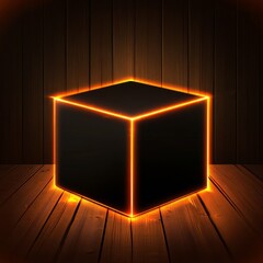 Aufkleber - A black box sits against a dark wood background, illuminated by bright neon lights.  This is a vector graphic image.