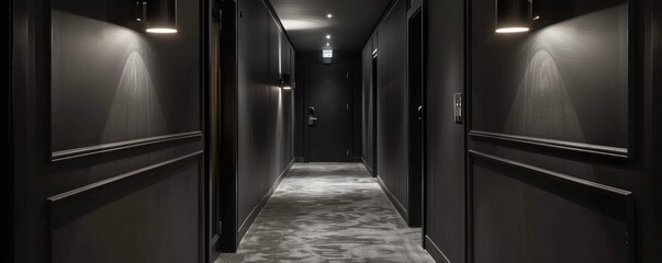 Wall Mural - A serene hotel corridor featuring elegant, modern wall lights casting soft illumination on dark walls and carpeted floor, creating a calm, luxurious atmosphere suitable for relaxation