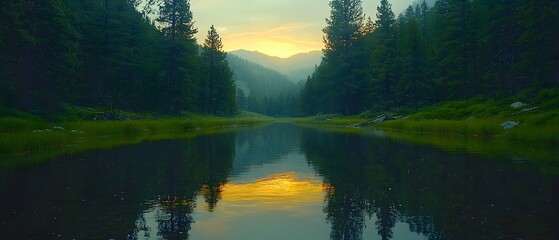 Poster - Serene Mountain Landscape with Calm Reflection in a Lake Surrounded by Lush Green Pine Trees During a Tranquil Sunset in a Remote Wilderness Area