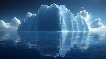 Poster - Majestic Iceberg Surrounded by Tranquil Ocean Waters Under a Clear Sky with Fluffy Clouds Reflecting on the Calm Surface and Creating a Serene Atmosphere