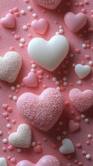 Wall Mural - Colorful heart shaped candies arranged on a pink surface for a festive celebration