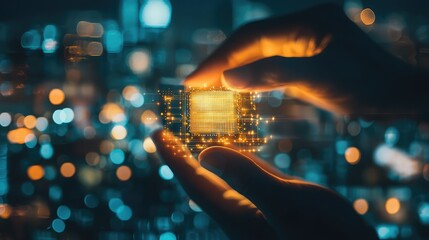 Poster - Hands Holding a Small Computer Chip Against a Blurred City Background with Soft Lights and Intricate Details of Technology