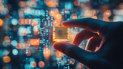 Poster - Hand Holding Small Computer Chip Against Abstract Blurred Background with Bright Light Effects and Digital Patterns for Technology and Innovation Concepts