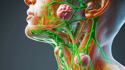 Poster - Detailed Visualization of Human Lymphatic System Anatomy Highlighted in Vibrant Colors for Educational and Medical Purposes