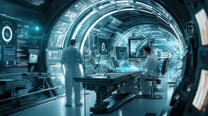 Poster - Advanced Futuristic Laboratory Interior with High-Tech Equipment and Scientists Engaged in Innovative Research and Experiments