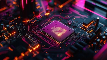 Poster - Detailed Close-Up of a Modern Motherboard Featuring Laser Installation of a Microchip with High-Tech Elements and Vibrant Neon Lighting Effects for Digital Designs