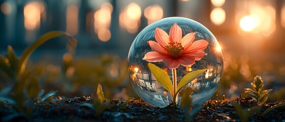 Aufkleber - Captivating Glass Sphere Reflecting a Single Flower at Sunset, Surrounded by Lush Greenery, Creating a Dreamy Nature Scene with Ethereal Light Effects