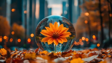 Poster - A Vibrant Orange Flower Encased in a Crystal Ball on a Bed of Autumn Leaves with Urban Background and Bokeh Effect Showcasing Nature's Beauty Amidst City Life
