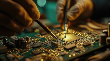 Poster - Technician Installing Computer Chip on Motherboard with Precision Tools in a High-Tech Environment, Focused on Circuit Board Details and Components