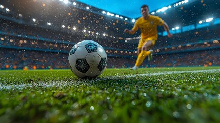Aufkleber - Dynamic Action Shot of a Soccer Player in Yellow Uniform Capturing the Moment of Sprinting Towards a Ball on a Vibrant Rainy Match Day at a Packed Stadium