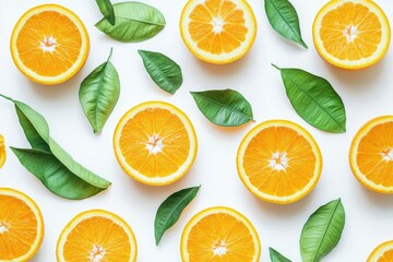 Canvas Print - A bunch of oranges with leaves on a white surface, great for food or decorative use