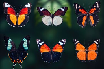 Wall Mural - A group of colorful butterflies sit on the surface of a lush green leaf