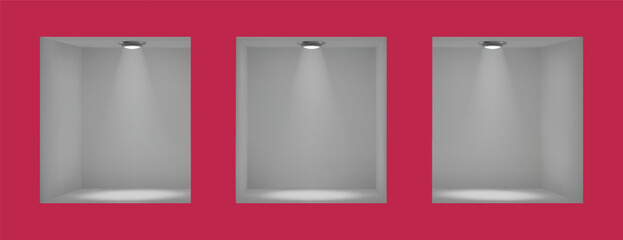 Poster - 3D shelves. Exhibit furniture. Design interior wall for gallery. Empty office or store. Home or museum bookshelf with spotlight. Showcase frame. Cube shape stand. Vector showing niches set