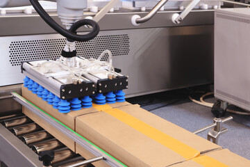 Poster - A cardboard box is lifted from a metal conveyor by an automatic pneumatic machine with rubber suction cups. Warehouse and logistics technology concept background