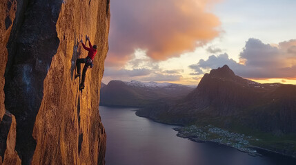 climber scaling steep cliff during dramatic sunset, showcasing determination and adventure. stunning
