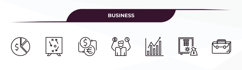 Poster - fully editable outline icon collection from business concept. thin line icons set such as pie chart with dollar, tactic, currency exchange, safe money, briefcase,