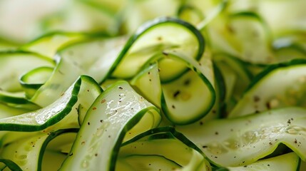 Wall Mural - Freshly cut cucumber slices in a compact bundle, ideal for salads or snacks