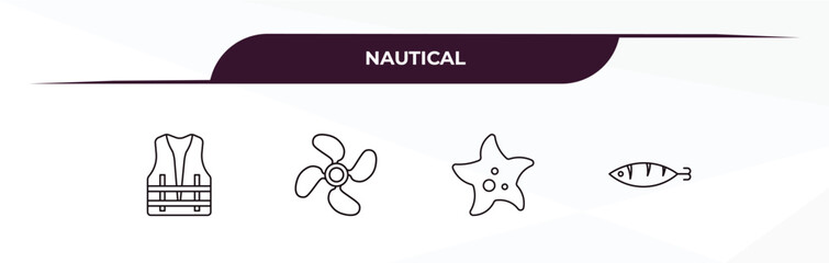 Poster - fully editable outline icon collection from nautical concept. thin line icons set such as life jacket, porthole, pipe, fish facing right,