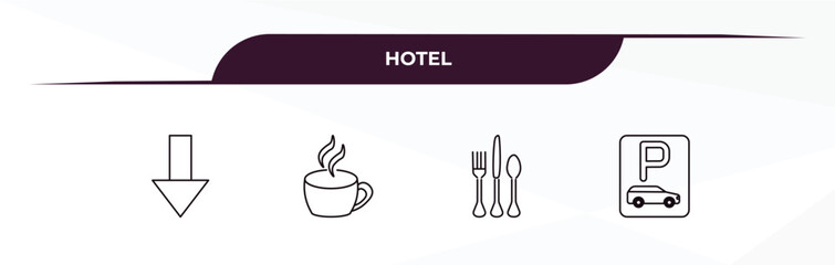 Poster - fully editable outline icon collection from hotel concept. thin line icons set such as go down, coffee, eating utensils, parking,