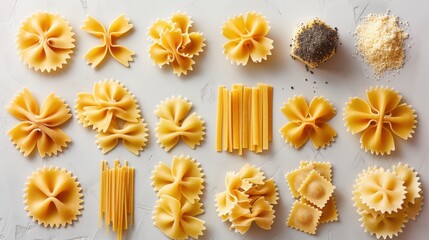 Artistic display of assorted pasta types like penne, fusilli, and linguine isolated on a white background