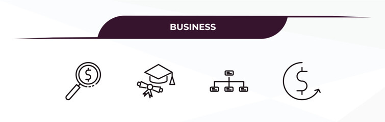 Poster - fully editable outline icon collection from business concept. thin line icons set such as money finder, graduation ceremony, structure, money convert,