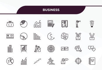 Poster - fully editable outline icon collection from business concept. thin line icons set such as coin purse, circular pie chart, pie graphic, circular target, address book,