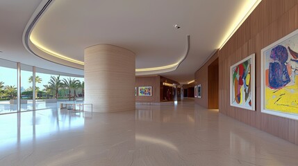 Wall Mural - Modern interior showcasing sleek design, artwork, and natural light, creating a serene atmosphere for visitors.