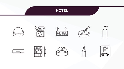 Aufkleber - fully editable outline icon collection from hotel concept. thin line icons set such as cheese burger, left-luggage, air conditioner, champagne, parking,