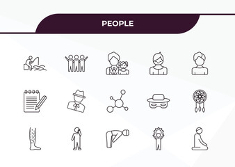 Poster - fully editable outline icon collection from people concept. thin line icons set such as sitting man fishing, friends, pencil and notebook, effort, julus,