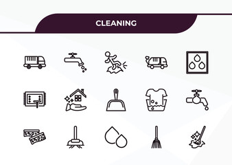 Poster - fully editable outline icon collection from cleaning concept. thin line icons set such as garbage truck cleanin, faucet cleanin, carpet cleaning, leaf cleanin, floor mop,