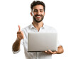 © Svet - Smiling man holding and pointing at laptop on transparent background