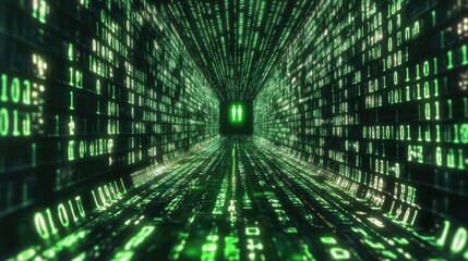 Poster - Journey Through a Digital Tunnel of Green Binary Code in Cyberspace
