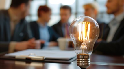 Wall Mural - A simple still life image of a light bulb sitting on a wooden table, perfect for use in product photography or as a decorative element