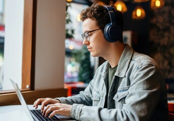 Poster - Young man wearing headphones concentrating on his work on a laptop in a modern cafe