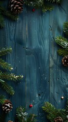 a beautiful blue background with a wooden frame and a few pine trees and berries. the pine trees are