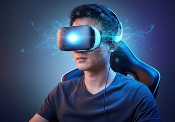 Poster - Man wearing vr headset exploring metaverse, with glowing lines emanating from device, suggesting immersion and interactivity