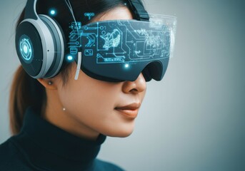 Poster - Woman wearing vr headset experiencing virtual reality with futuristic interface