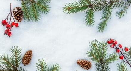 Wall Mural - Christmas frame decorating with fir tree branches, pine cones and red berries on snow background