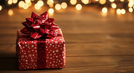 Wall Mural - Red christmas gift box with a bow sits on a wooden table with sparkling lights in the background, creating a festive holiday scene