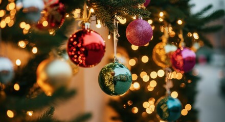 Wall Mural - christmas balls and lights decorating a christmas tree, creating a festive atmosphere