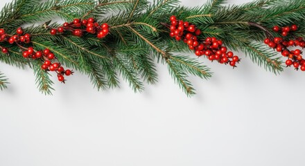 Wall Mural - christmas garland border of fir tree branches and red berries creating a festive decoration on white