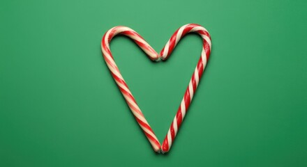 Wall Mural - christmas candy canes forming a heart shape on a vibrant green background, symbolizing holiday love 