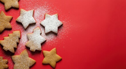 Wall Mural - Gingerbread cookies and star-shaped biscuits covered with powdered sugar forming a christmas border on a red background