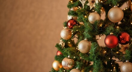 Wall Mural - Decorated christmas tree with shiny red and gold baubles and string lights adding a festive touch to the holiday season