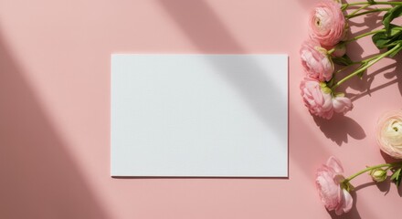 Wall Mural - Pink ranunculus flowers and a blank card on a pink background create a beautiful spring composition with shadows