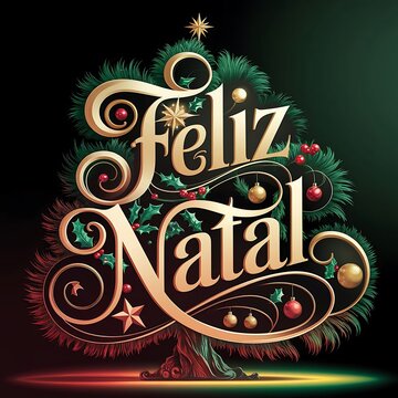 Feliz Natal lettering Portuguese league happy merry  Christmas tree Winter Design for greeting card posters  banner illustration
