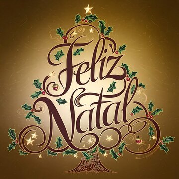 Feliz Natal lettering Portuguese league happy merry  Christmas tree Winter Design for greeting card posters  banner illustration