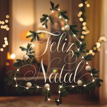 Feliz Natal lettering Portuguese league happy merry  Christmas tree Winter Design for greeting card posters  banner illustration