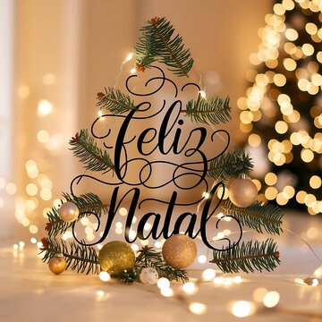 Feliz Natal lettering Portuguese league happy merry  Christmas tree Winter Design for greeting card posters  banner illustration Feliz Natal Família